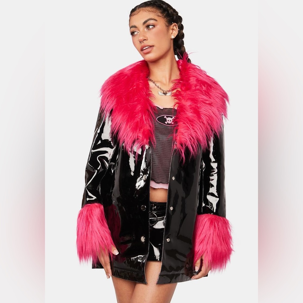 Black Vinyl Coat With Red Fur Trim by TYLER